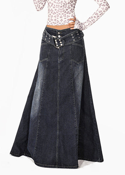 Natural Blue Patchwork Draping Denim Maxi Skirts