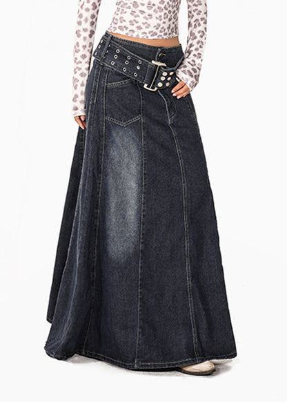 Natural Blue Patchwork Draping Denim Maxi Skirts