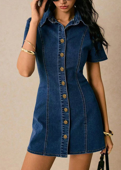 Natural Blue Peter Pan Collar Tie Waist Dnim Mini Dresses Short Sleeve