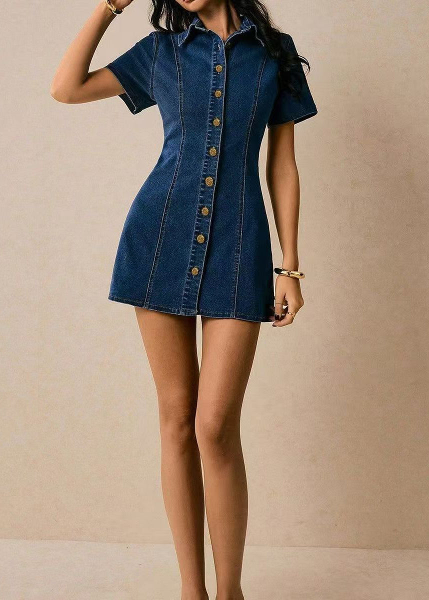 Natural Blue Peter Pan Collar Tie Waist Dnim Mini Dresses Short Sleeve