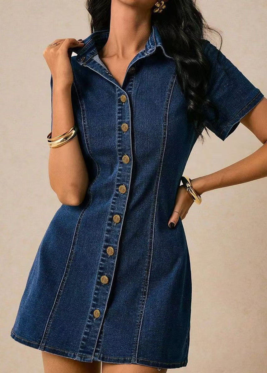 Natural Blue Peter Pan Collar Tie Waist Dnim Mini Dresses Short Sleeve