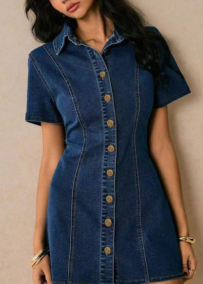 Natural Blue Peter Pan Collar Tie Waist Dnim Mini Dresses Short Sleeve