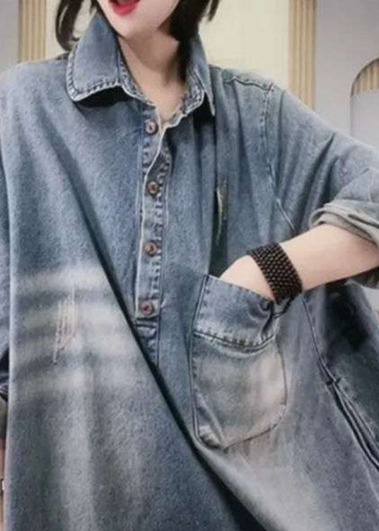 Naturblaues PeterPan-Kragen-Knopftaschen-Loch-Herbst-Langarm-Jeans-Partykleid