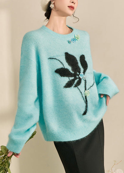 Suéteres de punto de algodón acogedores con estampado azul natural para primavera