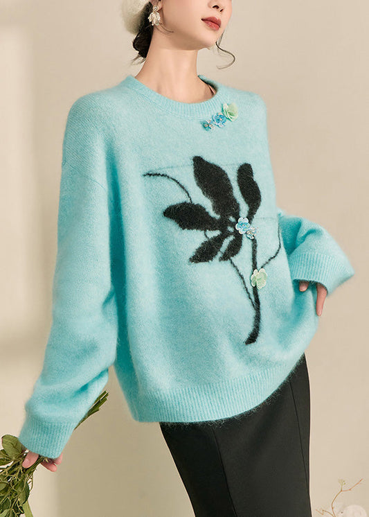 Suéteres de punto de algodón acogedores con estampado azul natural para primavera