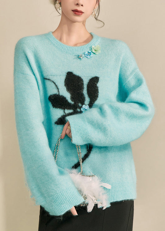 Suéteres de punto de algodón acogedores con estampado azul natural para primavera