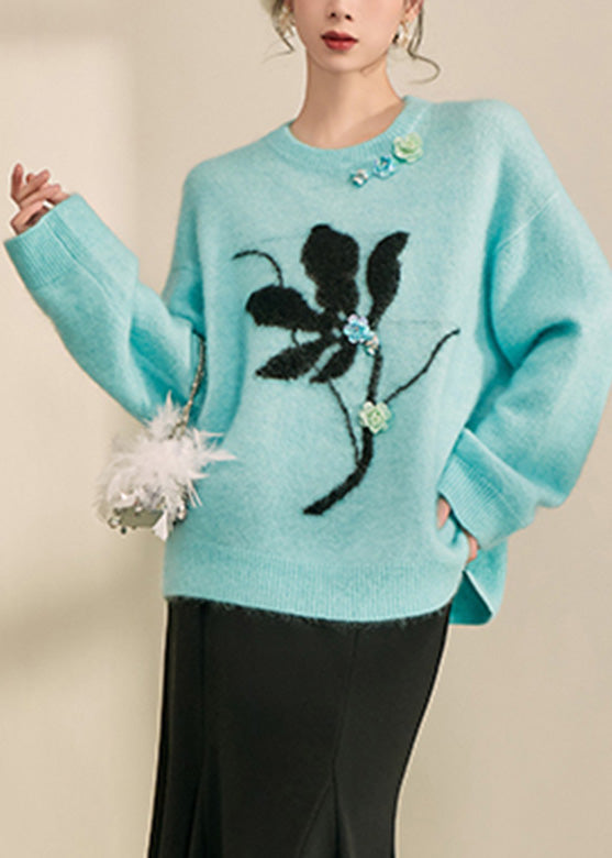 Suéteres de punto de algodón acogedores con estampado azul natural para primavera