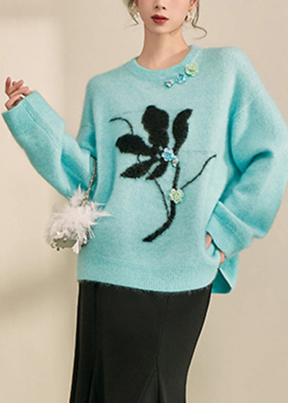 Suéteres de punto de algodón acogedores con estampado azul natural para primavera