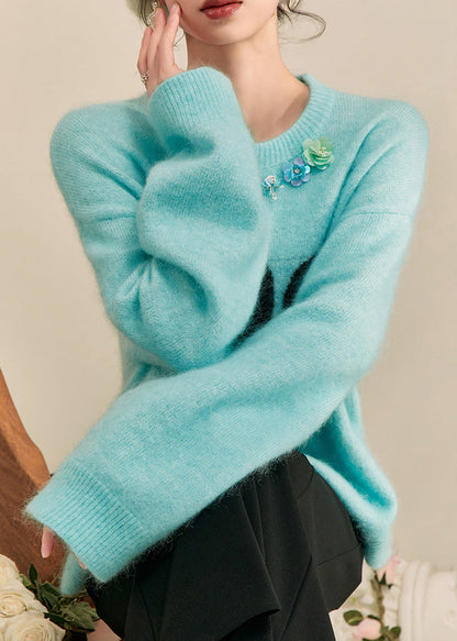 Suéteres de punto de algodón acogedores con estampado azul natural para primavera