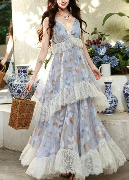 Natural Blue Print Exra Large Hem Patchwork Lace Party Dress Summer