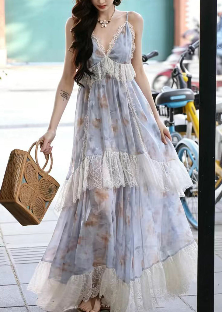 Natural Blue Print Exra Large Hem Patchwork Lace Party Dress Summer