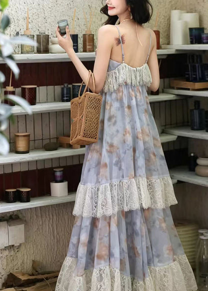 Natural Blue Print Exra Large Hem Patchwork Lace Party Dress Summer