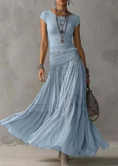 Natural Blue Tassel Knit Top And Chiffon Maxi Skirts Two Piece Set Sleeveless