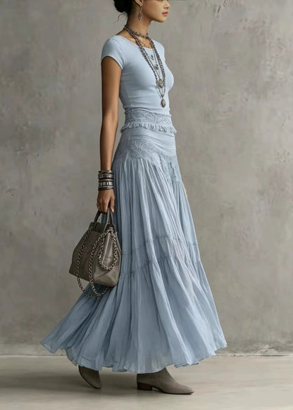 Natural Blue Tassel Knit Top And Chiffon Maxi Skirts Two Piece Set Sleeveless