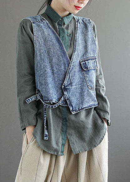 Natural Blue pockets tie waist Asymmetrical denim vest Spring