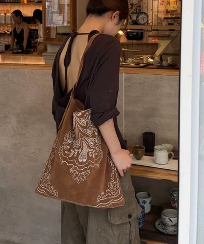 Natural Brown Embroidered Large Capacity Faux Suede Shoulder Bags
