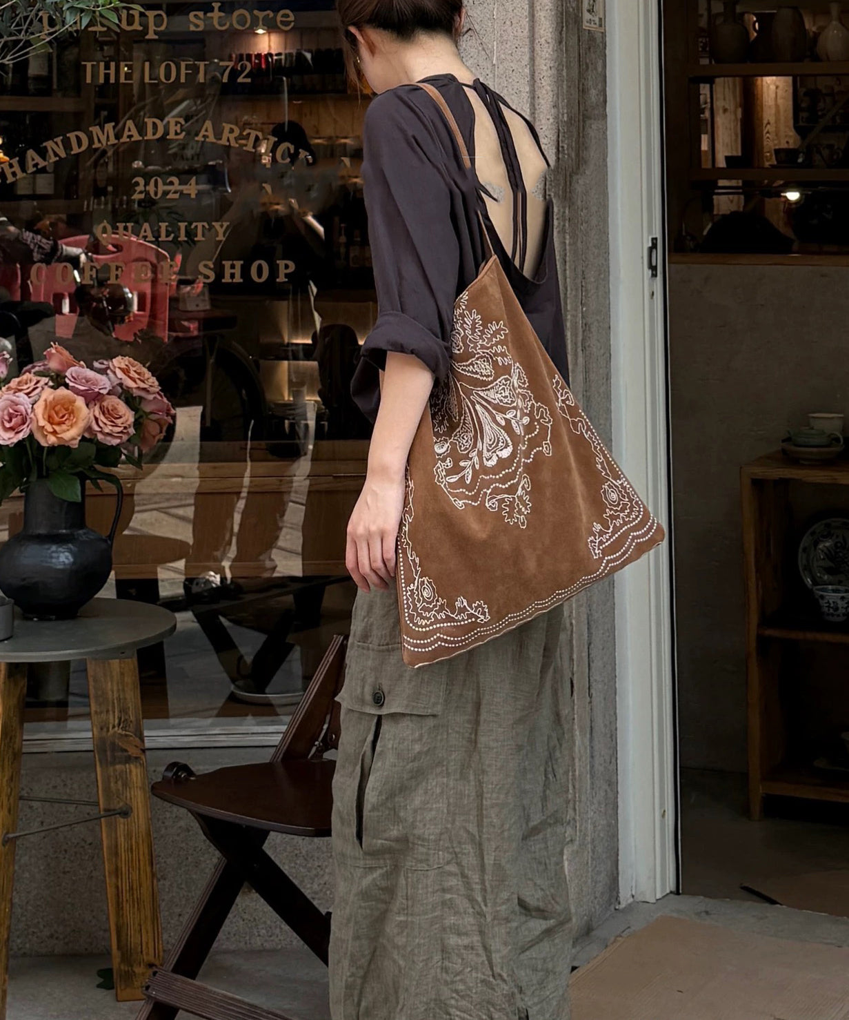 Natural Brown Embroidered Large Capacity Faux Suede Shoulder Bags