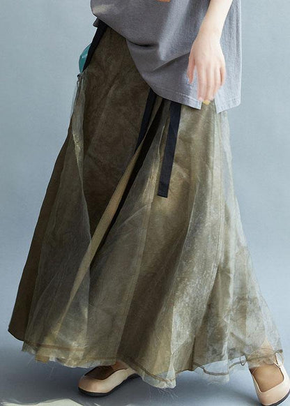 Natural Brown High Waist Retro Tie Patchwork Fall Skirts - SooLinen