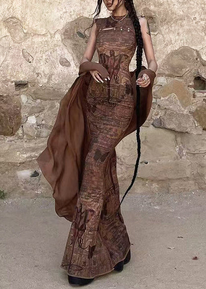 Natural Brown Print Slim Fit Vacation Dresses Sleeveless