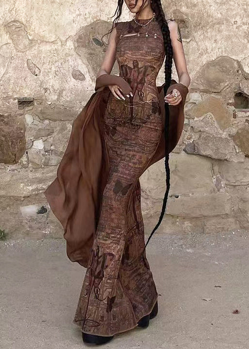 Natural Brown Print Slim Fit Vacation Dresses Sleeveless