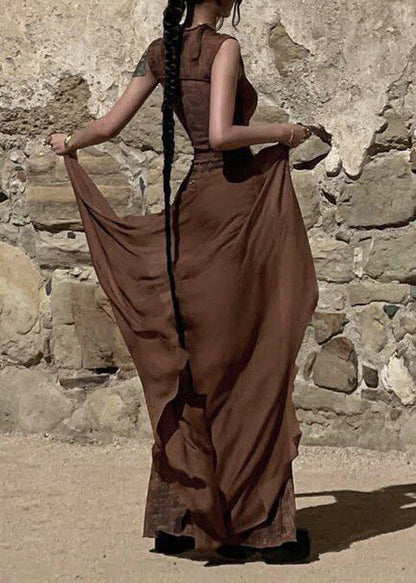 Natural Brown Print Slim Fit Vacation Dresses Sleeveless