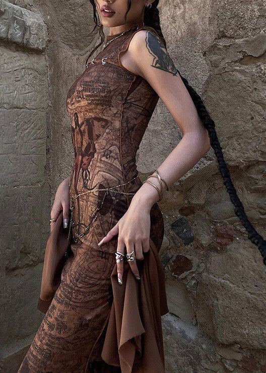 Natural Brown Print Slim Fit Vacation Dresses Sleeveless