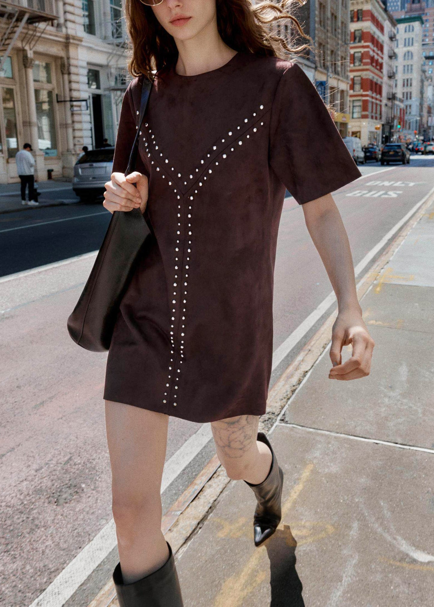 Natural Brown Rivet Faux Suede Shift Dress Short Sleeve