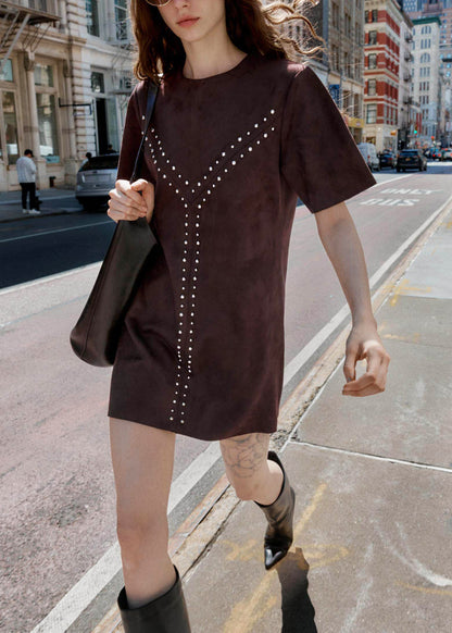 Natural Brown Rivet Faux Suede Shift Dress Short Sleeve
