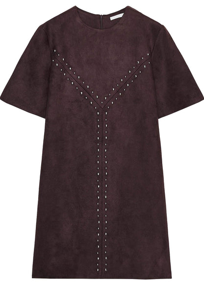 Natural Brown Rivet Faux Suede Shift Dress Short Sleeve