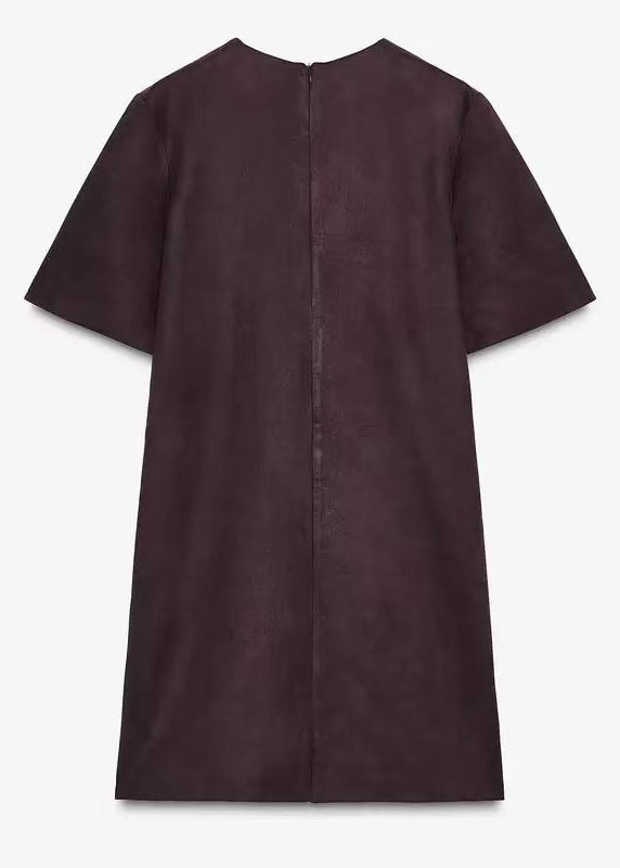Natural Brown Rivet Faux Suede Shift Dress Short Sleeve