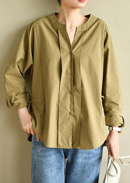 Natural Button Down Black V Neck Tops - SooLinen