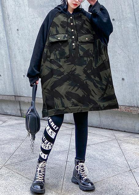 Natural Camouflage cotton tunic top hooded short patchwork blouse - SooLinen