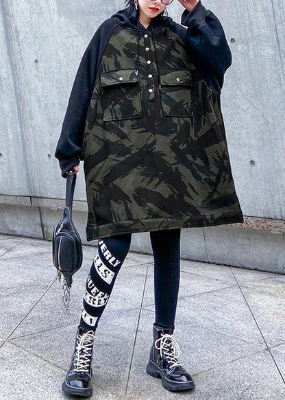 Natural Camouflage cotton tunic top hooded short patchwork blouse - SooLinen