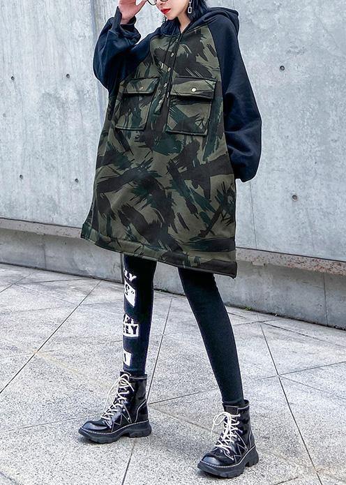 Natural Camouflage cotton tunic top hooded short patchwork blouse - SooLinen