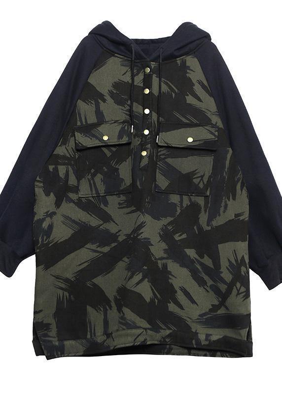 Natural Camouflage cotton tunic top hooded short patchwork blouse - SooLinen