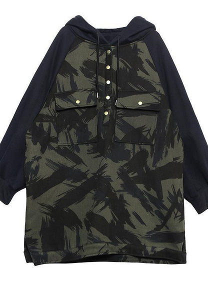 Natural Camouflage cotton tunic top hooded short patchwork blouse - SooLinen