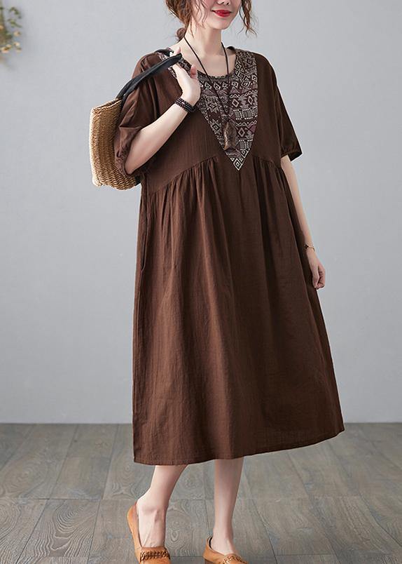 Natural Chocolate Patchwork Short Sleeve Maxi Dresses Summer - SooLinen