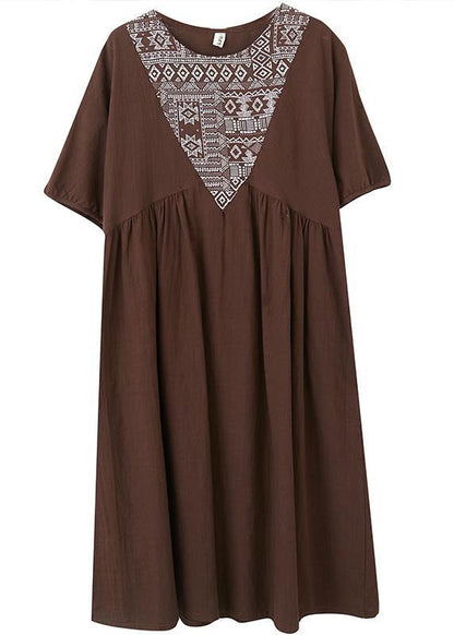 Natural Chocolate Patchwork Short Sleeve Maxi Dresses Summer - SooLinen