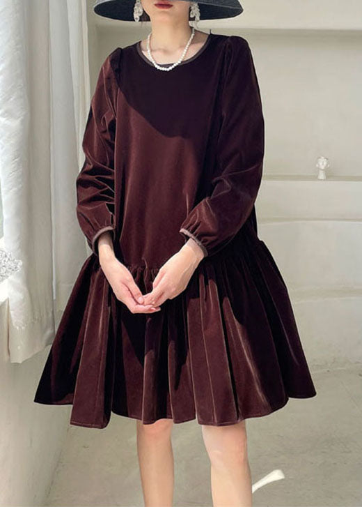 Natur Burgund O-Ausschnitt Velours Casual Kleid Winter