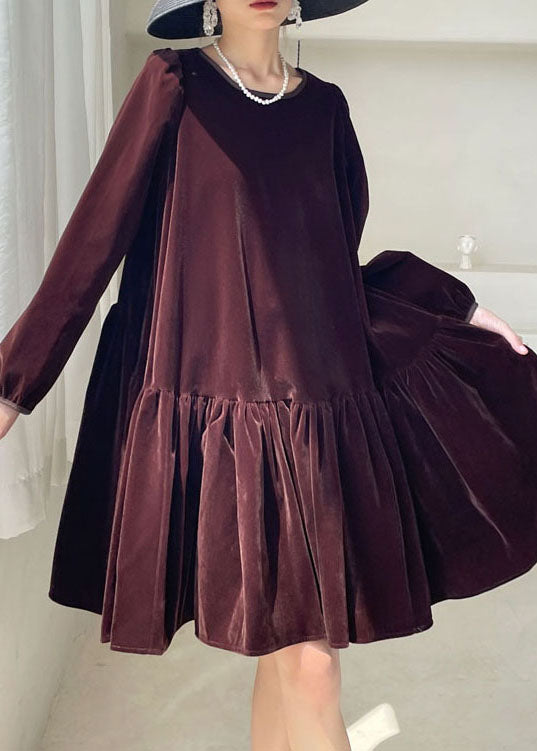 Natur Burgund O-Ausschnitt Velours Casual Kleid Winter