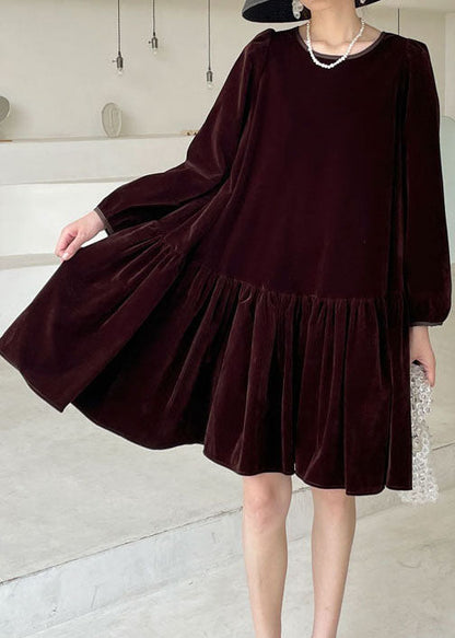 Natur Burgund O-Ausschnitt Velours Casual Kleid Winter