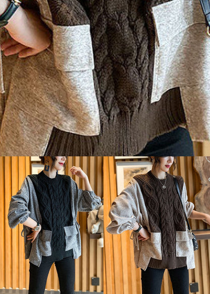 Naturbrauner Patchwork-Pullover mit dicken Stricktaschen für den Herbst