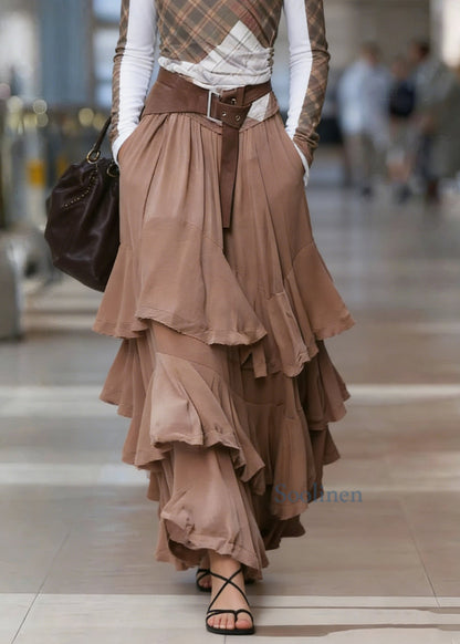 Natural Coffee Pockets Patchwork Ruffled Maxi Skirts Spring