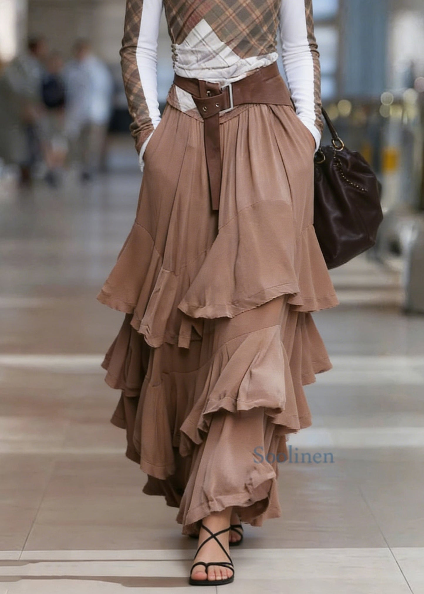 Natural Coffee Pockets Patchwork Ruffled Maxi Skirts Spring
