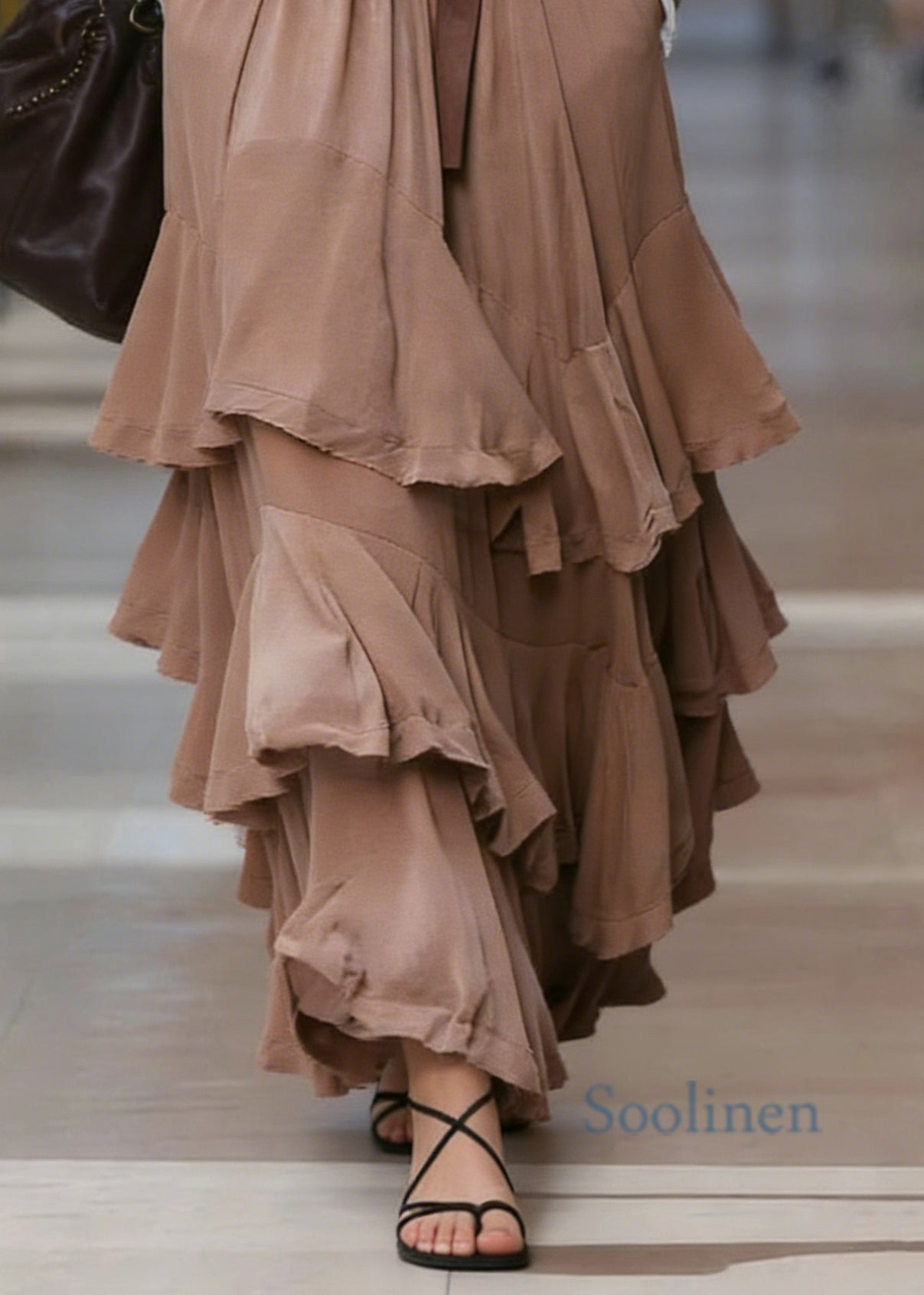 Natural Coffee Pockets Patchwork Ruffled Maxi Skirts Spring