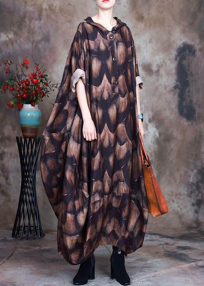 Natürliche Schokolade Kapuzenknopf Druck asymmetrisches Design Herbstkleid Langarm