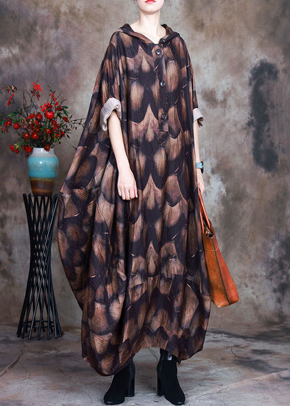Natürliche Schokolade Kapuzenknopf Druck asymmetrisches Design Herbstkleid Langarm