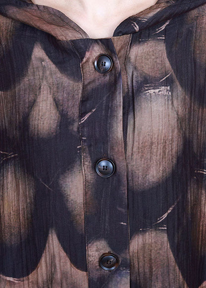 Natürliche Schokolade Kapuzenknopf Druck asymmetrisches Design Herbstkleid Langarm