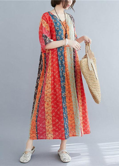 Natural ColorBlock Print O-Neck Summer Maxi Dresses Half Sleeve - SooLinen