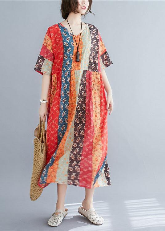 Natural ColorBlock Print O-Neck Summer Maxi Dresses Half Sleeve - SooLinen